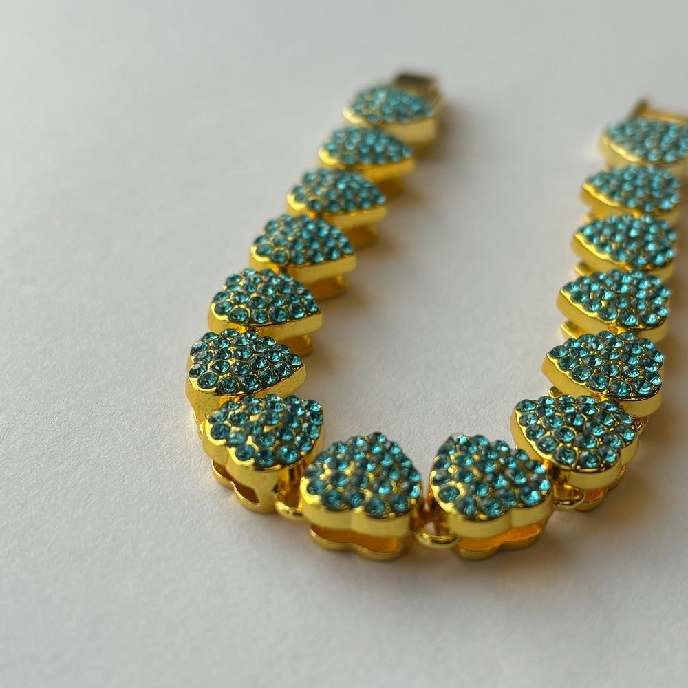 Fifth Avenue Strawberry Chain Gold Round Cut Blue Rhinestone Bracelet 7 inch